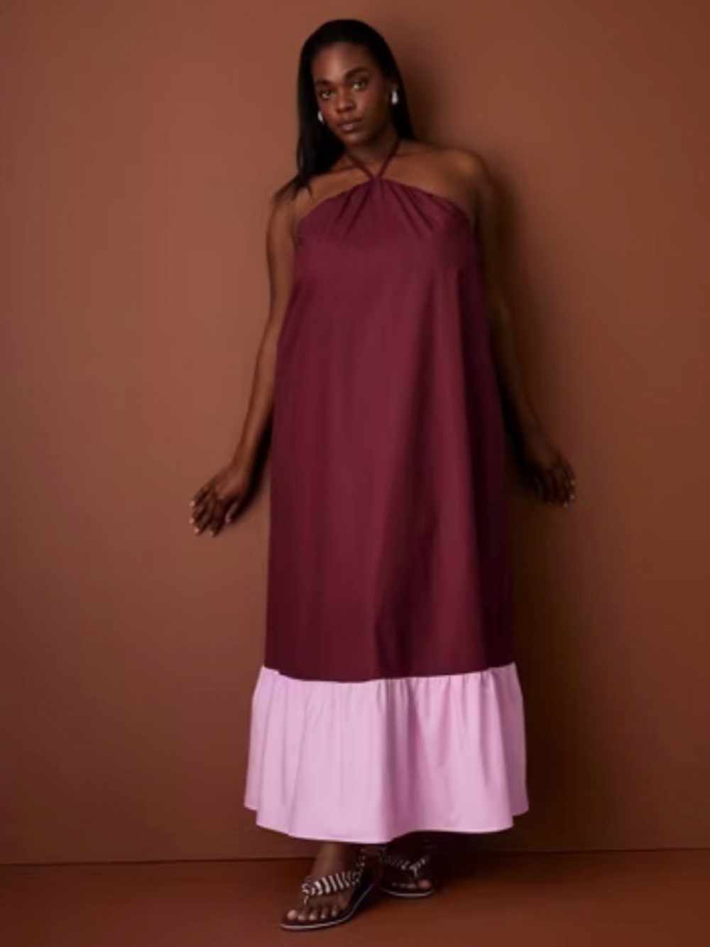 Rosie Assoulin Women's Halter Flounce Colorblock Maxi Dress Burgundy/Pink S NWT